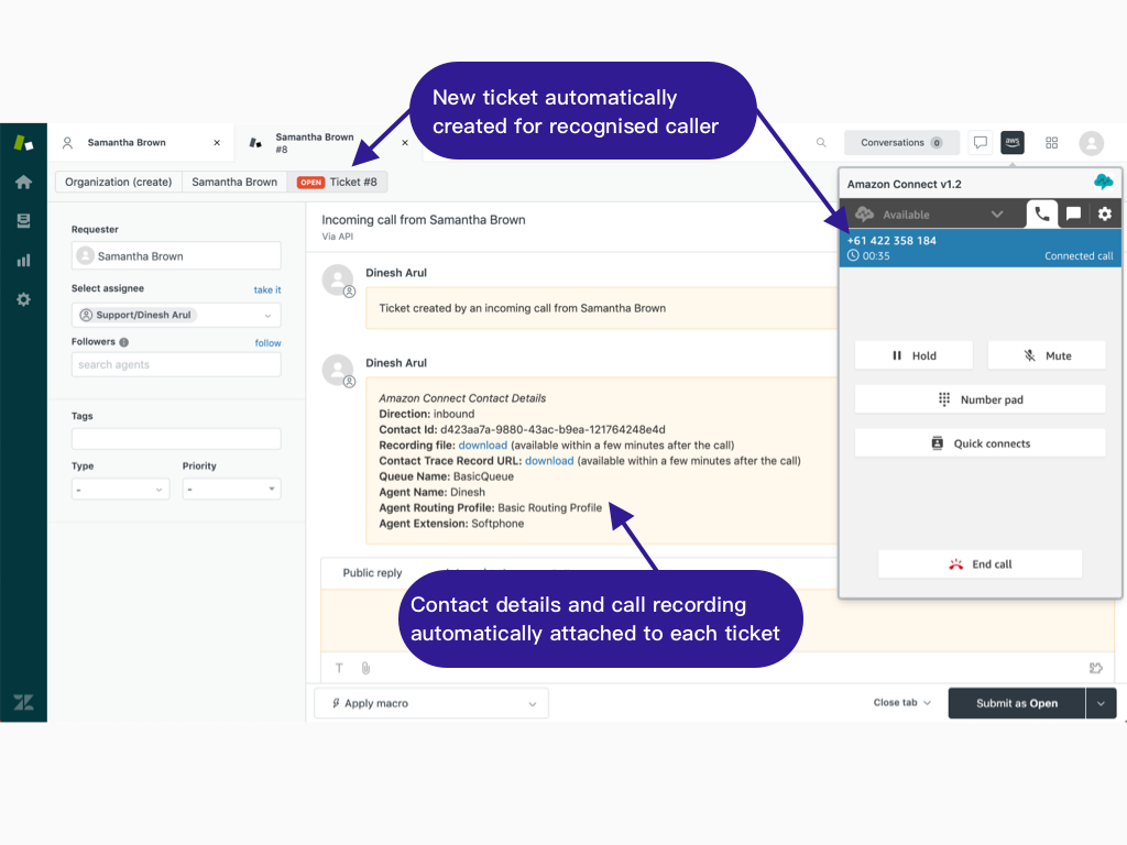 Amazon Connect App Integration with Zendesk Support